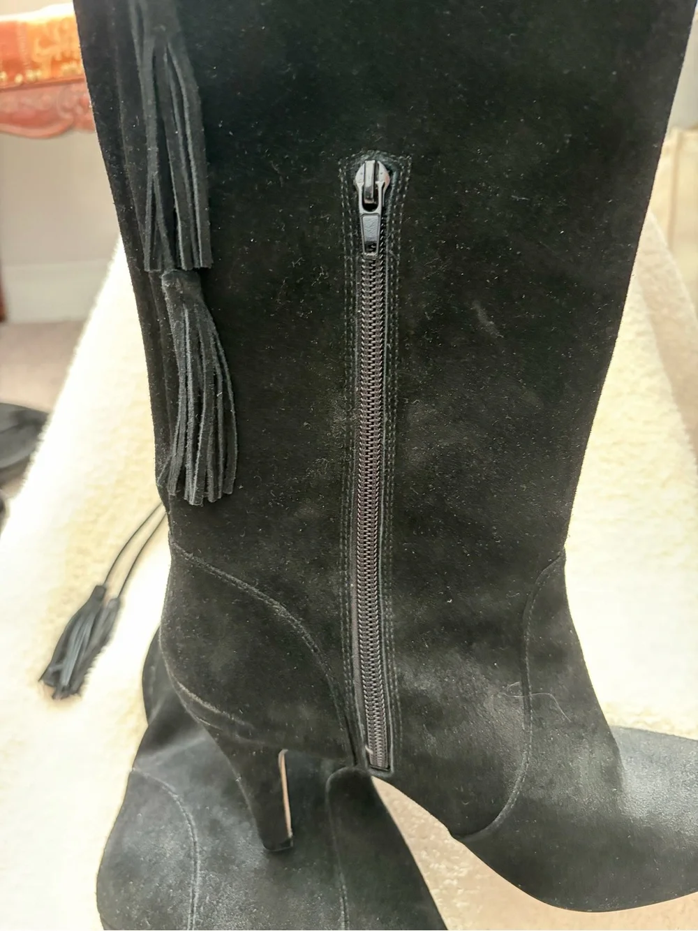 Vince Camuto Black Suede Over-the-Knee Tassel Lace-Up Boots
